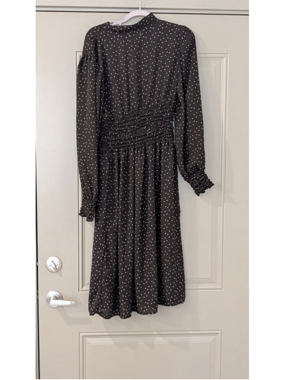 Max Studio Black Polka Dot Tie Neck Midi Dress Smocked Waist Long Sleeve Size M - Picture 5 of 8